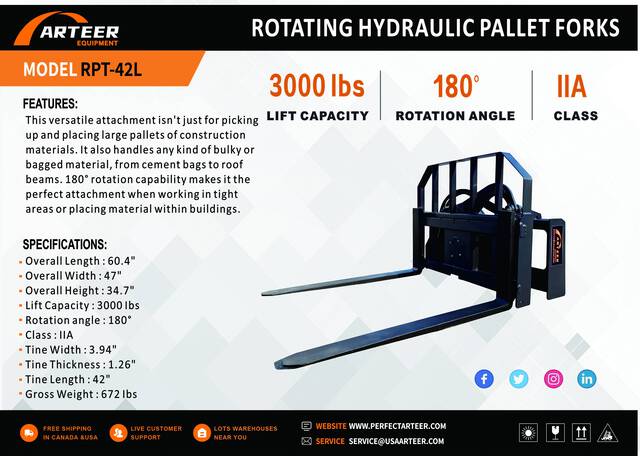 ARTEER RPT-42L 60 in Rotating Hydraulic Skid Steer Forks (Unused)