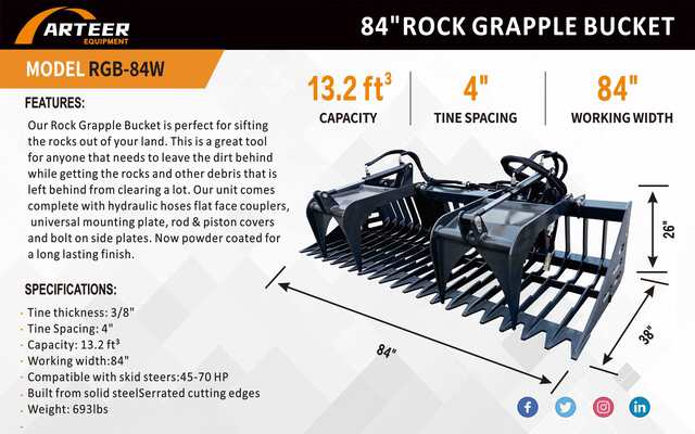 ARTEER RGB-84W 84 in Skid Steer Grapple Bucket (Unused)
