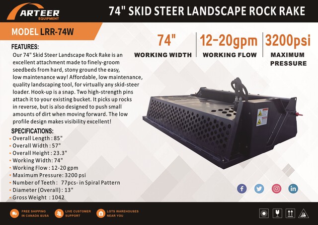 2026 ARTEER LRR-74W 74 in Skid Steer Landscape Rake (Unused)