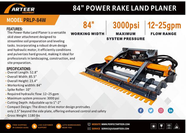2026 ARTEER PRLP-84W 84 in Power Rake Skid Steer Landplane (Unused)
