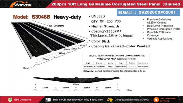 Quantity of (200) 2026 STARVOX S3048B 3 ft x 10 ft Corrugated Steel Panels (Black) (Unused)