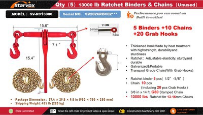 Quantity of 2026 STARVOX SV-RC13000 13000 lb Ratchet Binders & Chains (Unused)