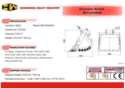 2026 HW BKT32048HD 48 in 0.89 m3 Heavy Duty Digging Łyżka do koparki - Fits Cat 320 (Unused)