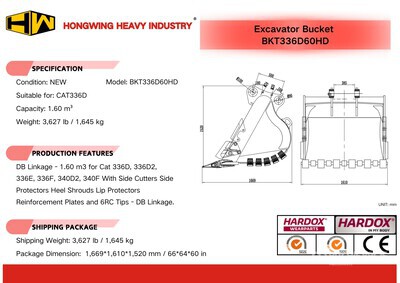 2026 HW BKT336D60HD 60 in 1.60 m3 Digging Łyżka do koparki - Fits Cat 336D (Unused)