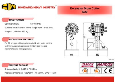 2026 HW D20 31 in Excavator Drum Cutter Accessoire divers pour pelle - Fits 18 - 28 ton (Unused)