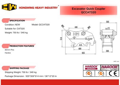 2026 HW QCCAT320 Excavator Coupler - Fits Cat 320 (Unused)