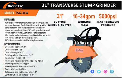 2026 ARTEER TSG-31W 31 in Transverse Skid Steer Stump Grinder (Unused)