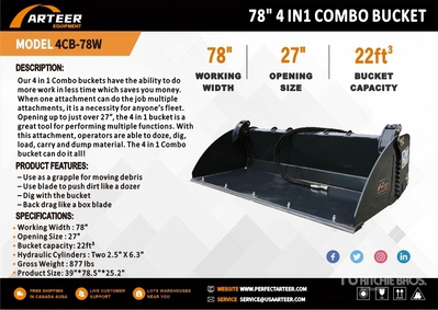 2026 ARTEER 4CB-78W 78 in Multi-Purpose Skid Steer Bucket (Unused)