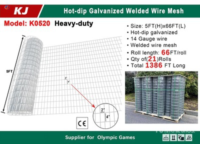 Quantity of 2026 KJ K0520 66 ft x 5 ft Hot-dip Galvanized Welded Wire Mesh Vallas (Unused)