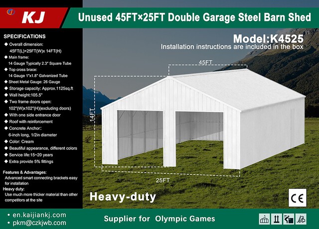 KJ K4525 Double Garage Steel Barn Shed - Unused KJ K4525 Double Garage Steel Barn Shed - Unused