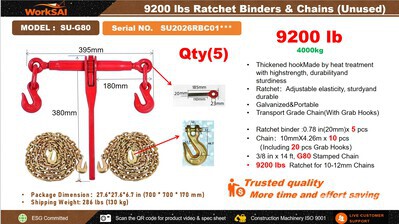 Quantity of 2026 WorkSai SU-G80 Ratchet Binders & Chains Divers (Unused)