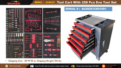 2026 WorkSai JS-RC07 Tool Cart w/ (258) pcs Tool Set (Unused)
