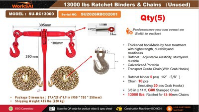 Quantity of 2026 WorkSai SU-RC13000 13000 lb Ratchet Binders & Chains Divers (Unused)