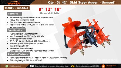 2026 WorkSai SU-AG42 Skid Steer Auger (Unused)