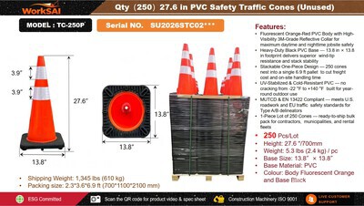 Quantity of (250) 2026 WorkSai TC-250P 28 in PVC Safety Traffic Cones (Unused)