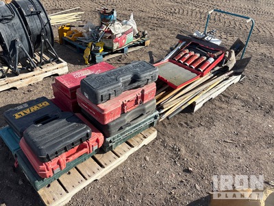 Quantity of (2) Pallets of Miscellaneous construction, hand tools, shovels, trowel, rakes, tool cases, no tool in cases