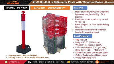Quantity of (100) 2026 WorkSai DB-100P 44 in Delineators & Bases Divers (Unused)