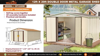2026 WorkSai CP1220W 12 ft x 20 ft Metal Garage Carport (Unused)