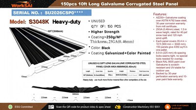 Quantity of (150) 2026 WorkSai S3048K 35 in x 10 ft Galvalume Corrugated Steel Panels (Black) (Unused)