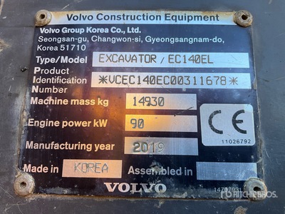 2019 Volvo EC140EL Tracked Excavator