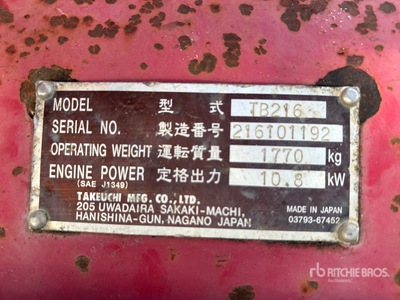2017 Takeuchi TB216 Minigraafmachine