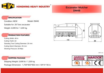 2026 HW DM48 48 in Excavator Mulcher - Fits 20 ton (Unused)