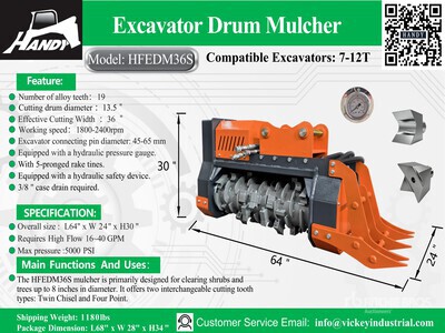 2026 Handy HFEDM36S 36 in Excavator Mulcher エクスカベーター用アタッチメント - その他 - Fits 7 - 12 ton (Unused)