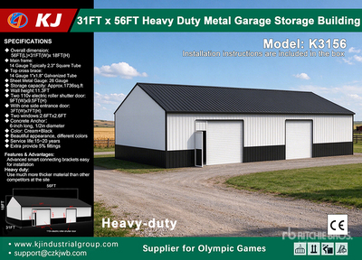 2026 KJ K3156 31 ft x 56 ft Heavy Duty Metal Garage مبنى التخزين (Unused)