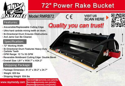 2026 Raytree RMRB72 72 in Power Rake Skid Steer Bucket (Unused)