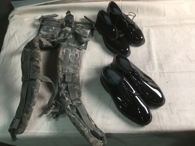 (28) Pairs of Men's Shoes, (22) Cold Weather Jackets & (14) Sustainment Pouches (28) Pairs of Men's Shoes, (22) Cold Weather Jackets & (14) Sustainment Pouches